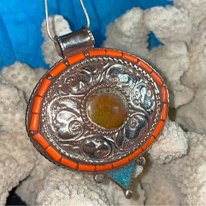 Sale - Huge Tibetan Turquoise + Red Coral handcrafted Pendant